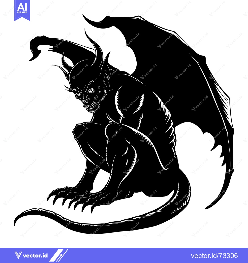Premium Vector dari Black and white silhouette of a snarling gargoyle with wings