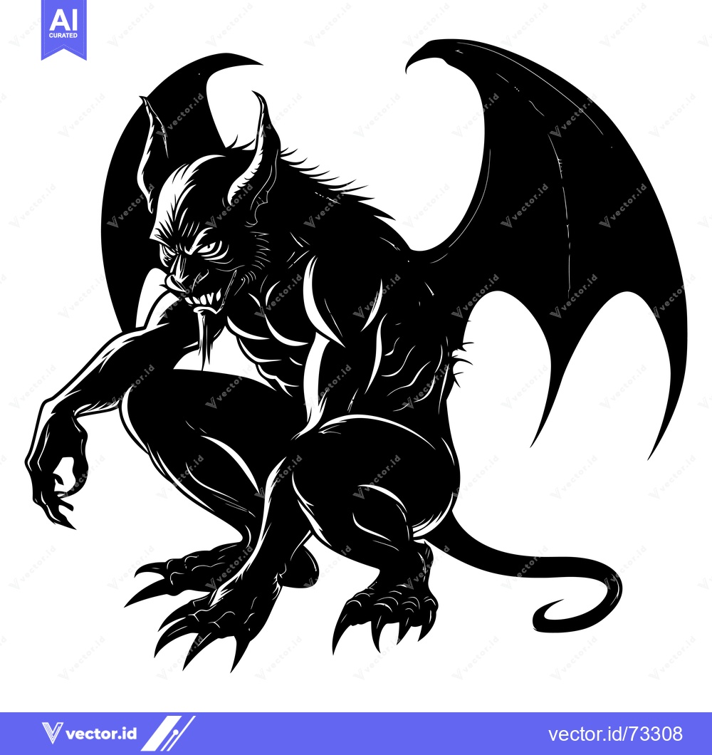 Premium Vector of A Black and White Illustration of a Demon-Like Creature with Wings