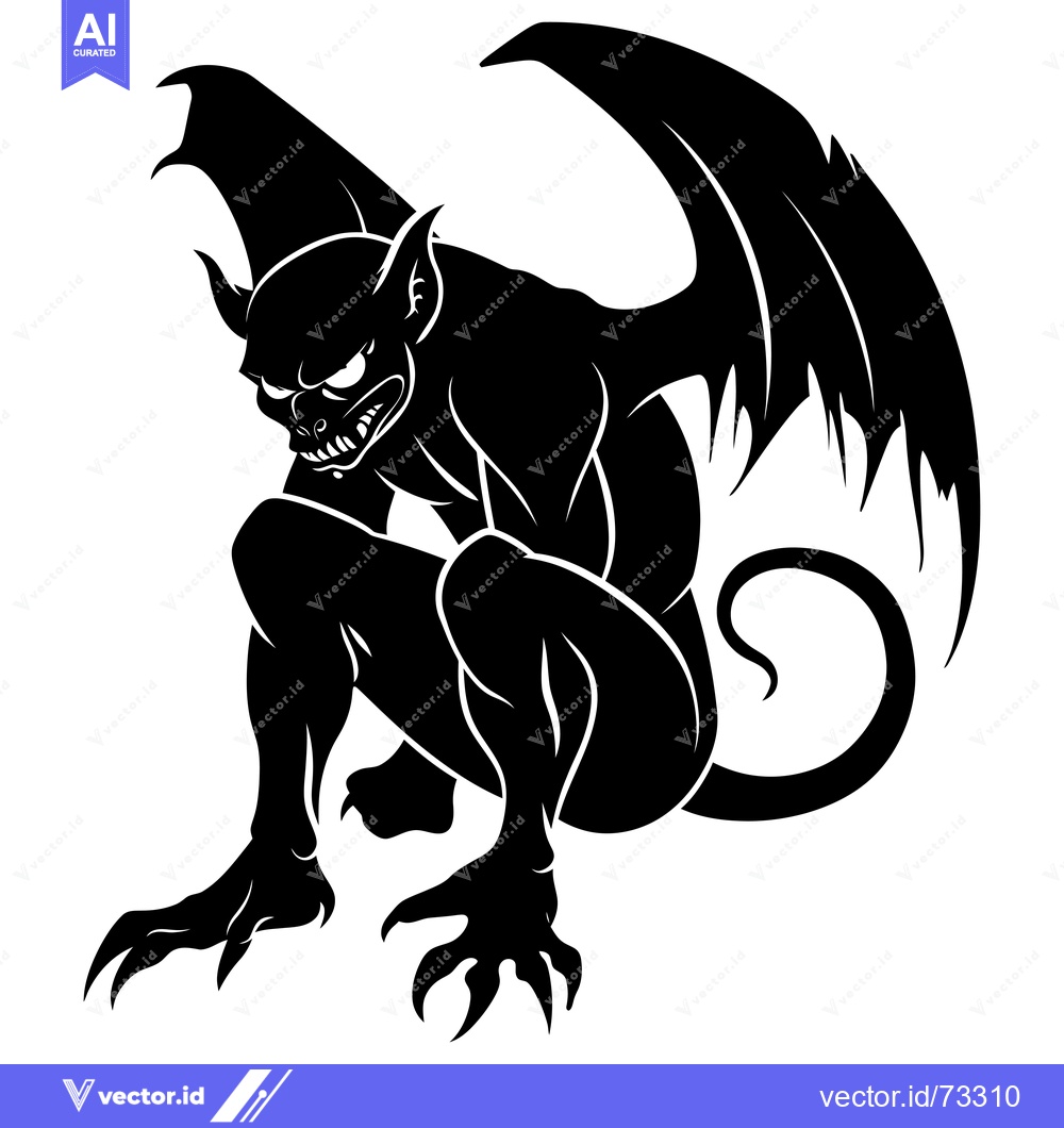 Premium Vector of A Black and White Silhouette of a Crouching Gargoyle with Wings