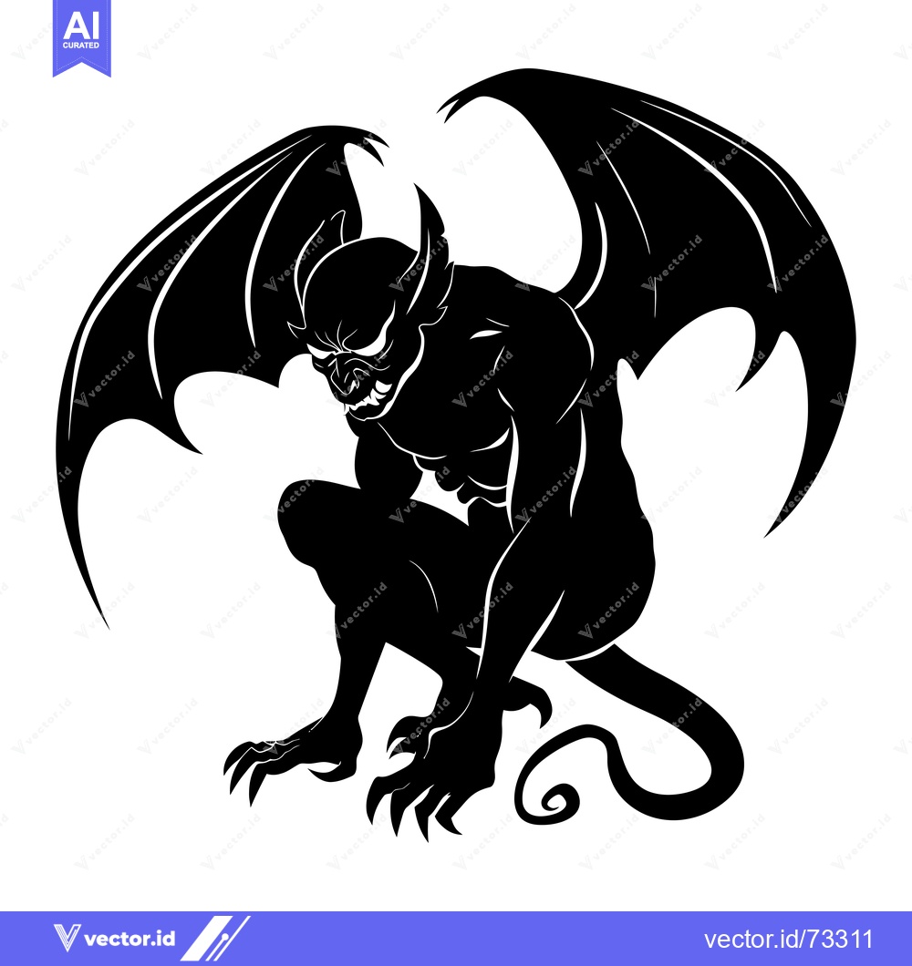Premium Vector dari Black and white silhouette of a gargoyle with wings, claws, and a tail
