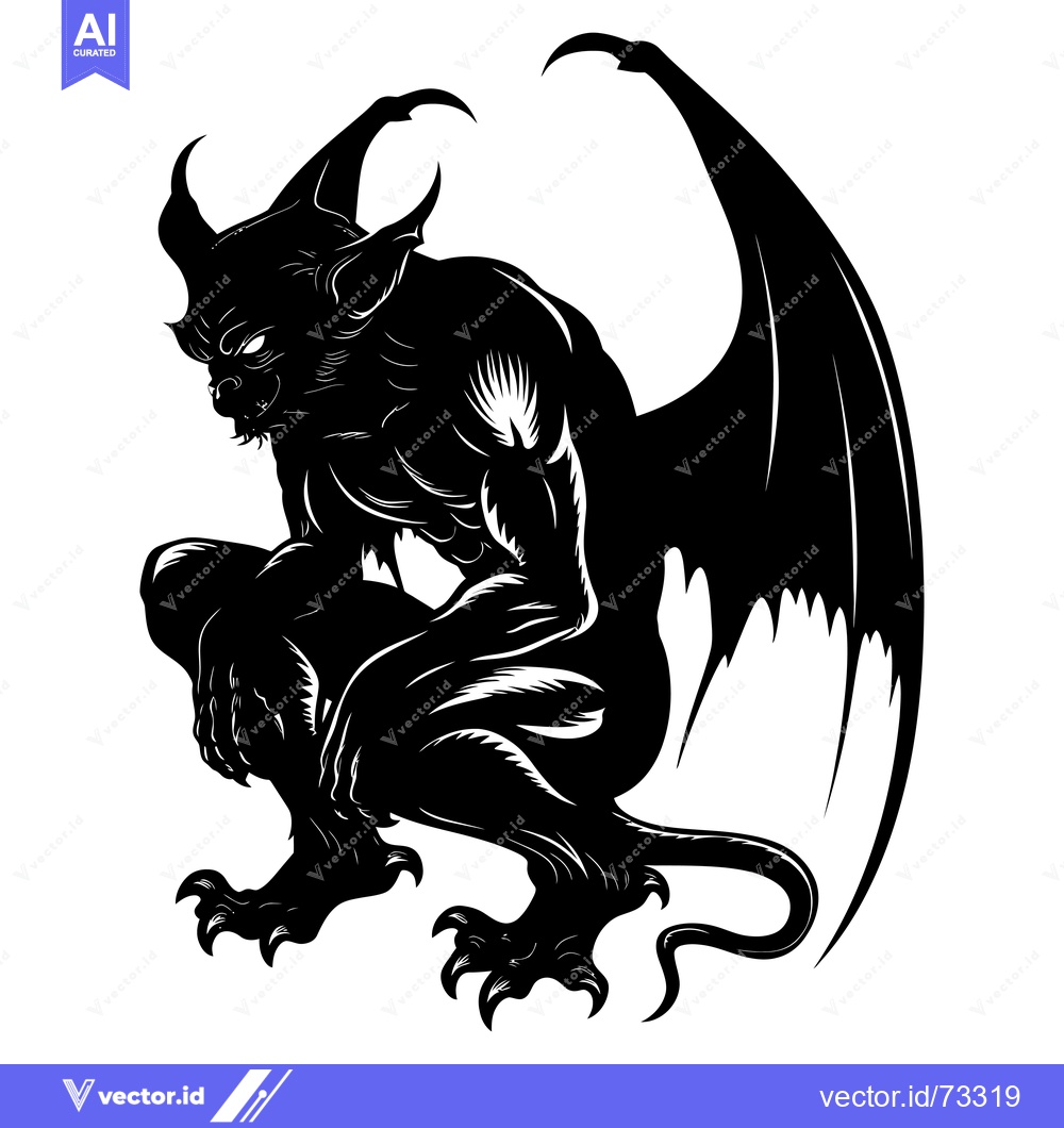 Premium Vector of Black and White Illustration of a Sitting Gargoyle with Wings