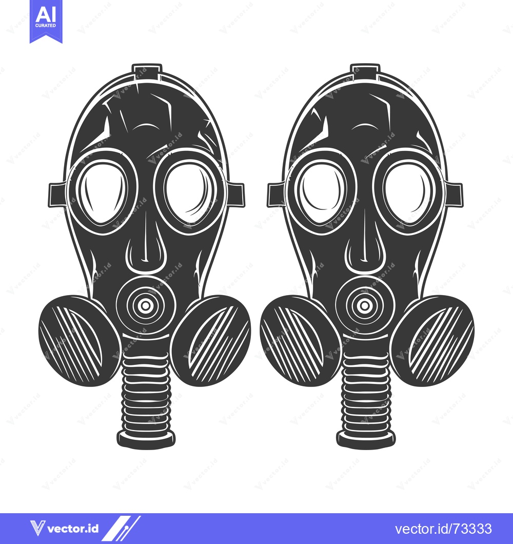 Premium Vector dari Two black and white gas masks with circular eye pieces, hoses, and fil