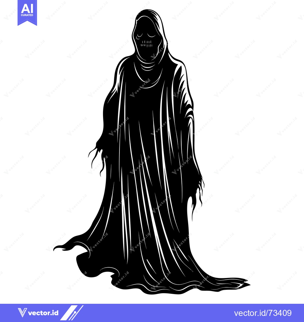 Premium Vector dari Black and white illustration of a hooded figure with a skull face