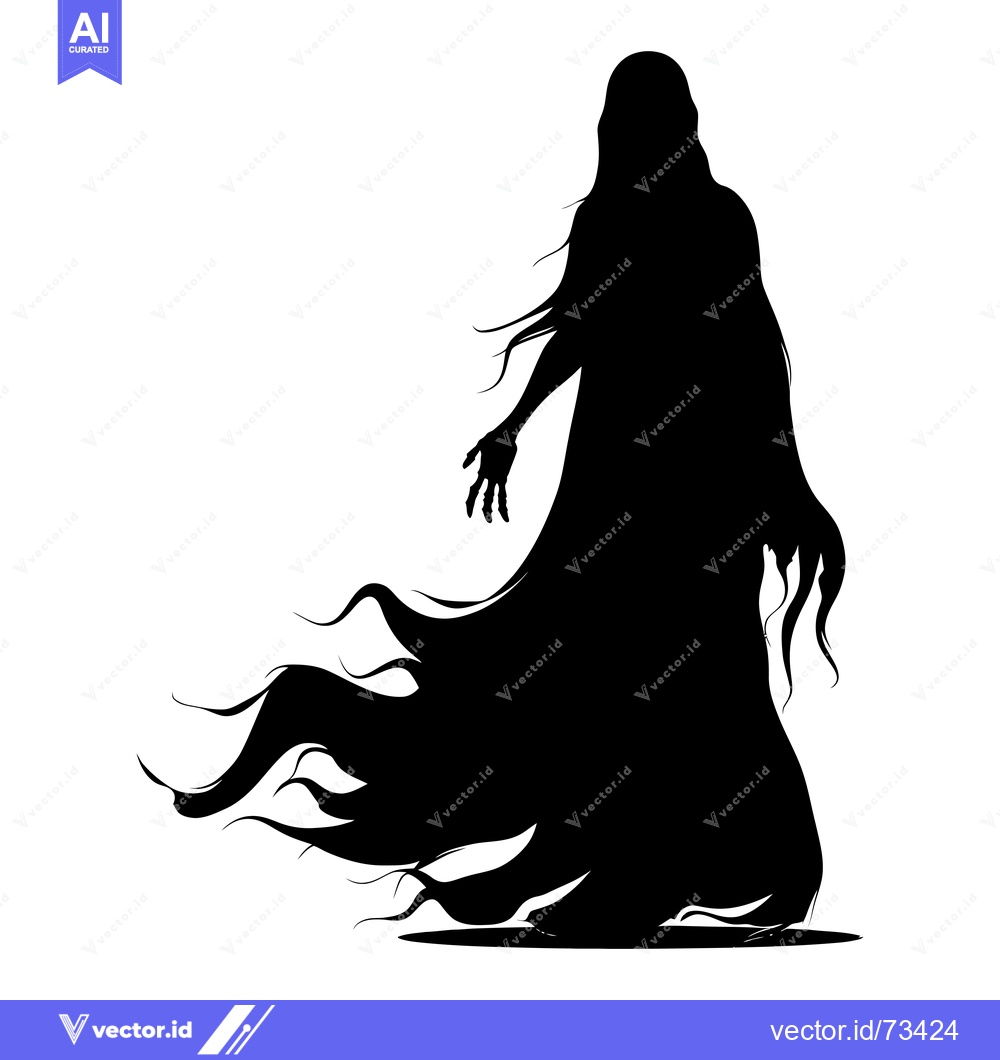 Premium Vector dari Black silhouette of a ghost with flowing hair and a long robe