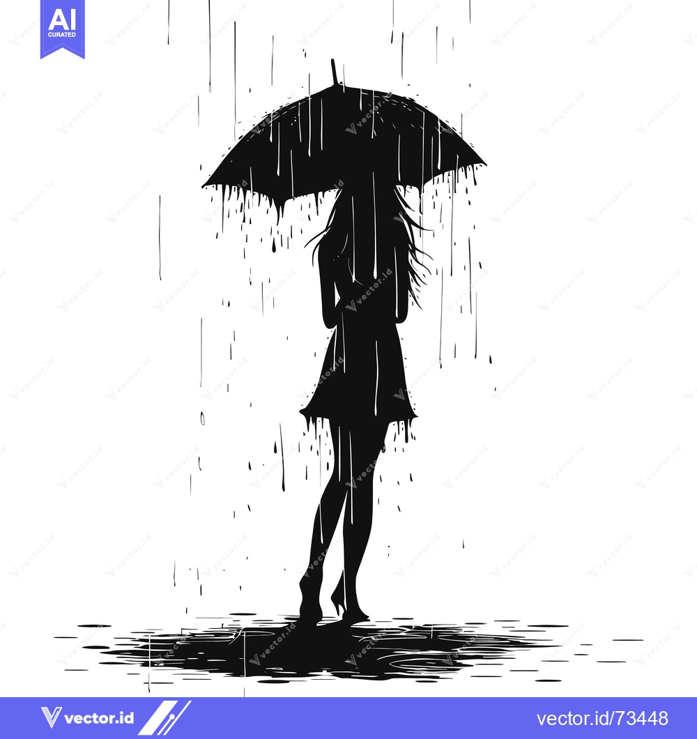 Premium Vector dari Silhouette of a Woman Walking in the Rain with an Umbrella