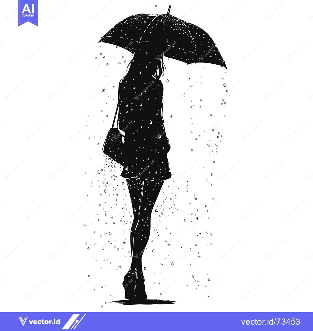 Premium Vector of Silhouette of a Woman Walking in the Rain with an Umbrella