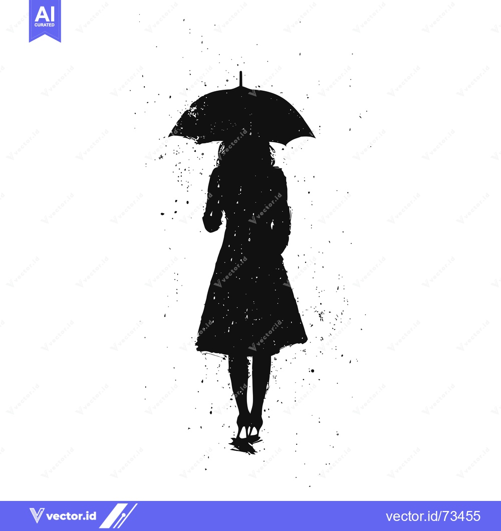 Premium Vector dari Silhouette of a Woman in a Coat Walking with an Umbrella in the Rain