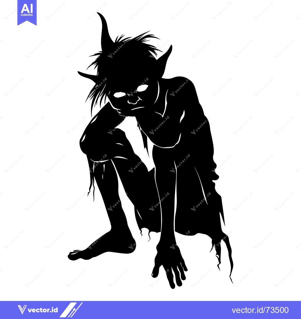 Premium Vector dari Black and White Silhouette of a Sitting Goblin with Pointed Ears