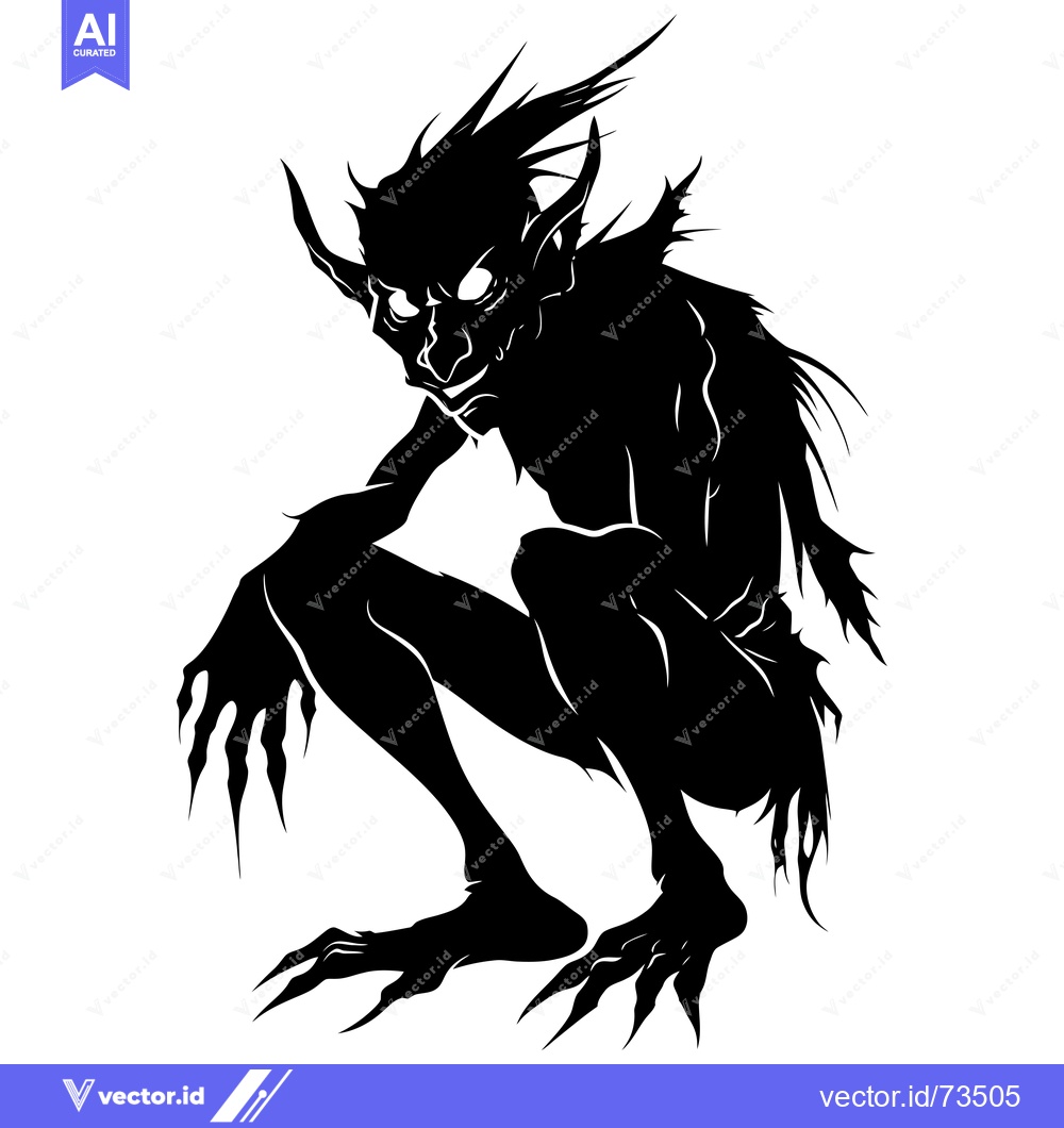 Premium Vector dari A Black and White Silhouette of a Crouching Goblin-like Creature with