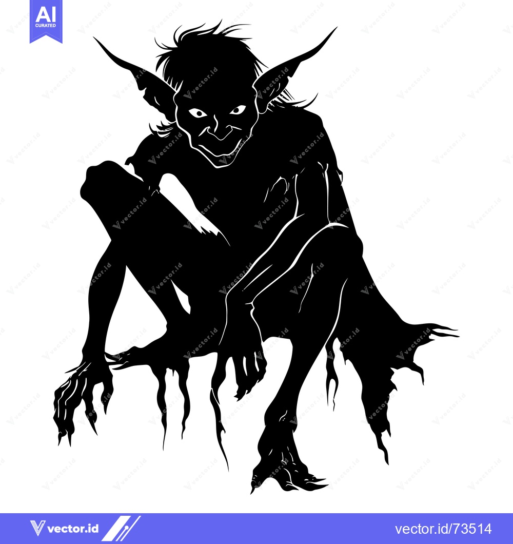 Premium Vector dari Silhouette of a Crouching Goblin with Sharp Claws and Elongated Ears