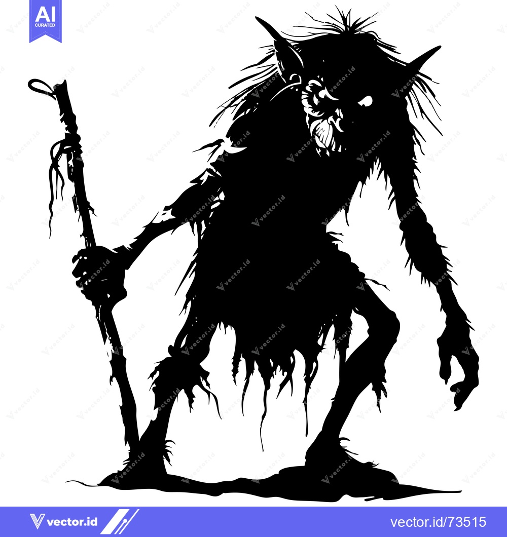 Premium Vector of Silhouette of a Gnarled Goblin Holding a Twisted Stick