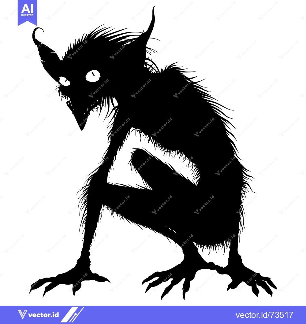 Premium Vector dari Black and White Silhouette of a Furry Creature with Claws and Large Ey