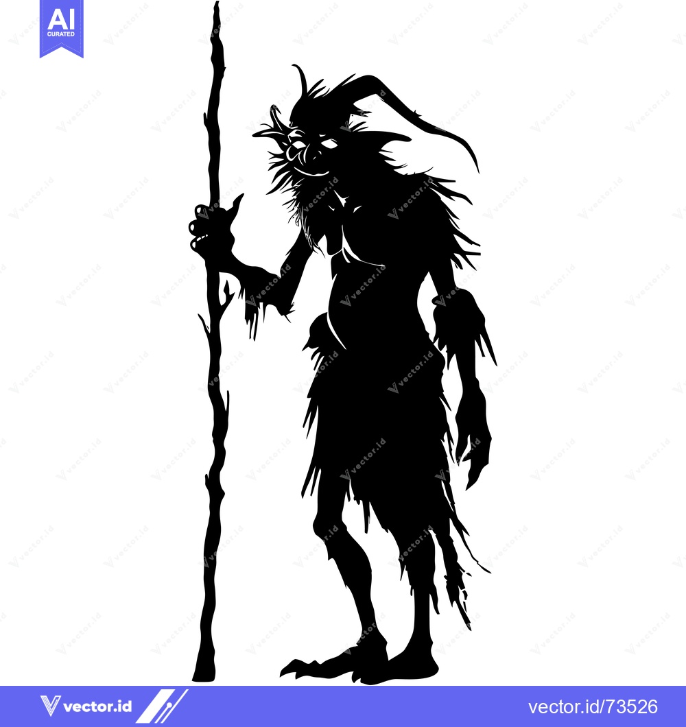 Premium Vector of Black and White Silhouette of a Standing, Furry, Horned Creature Holdi