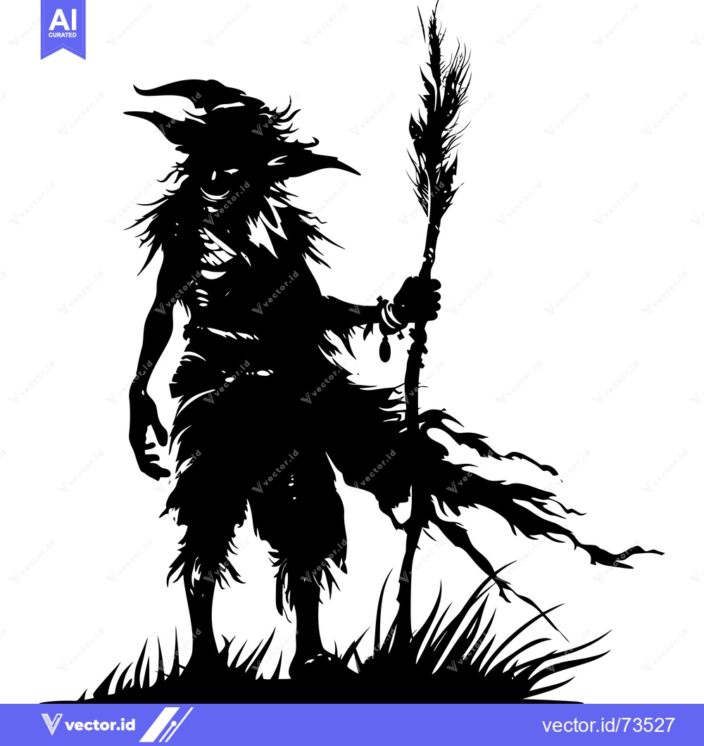 Premium Vector of Silhouetted Witch Holding a Staff in a Field