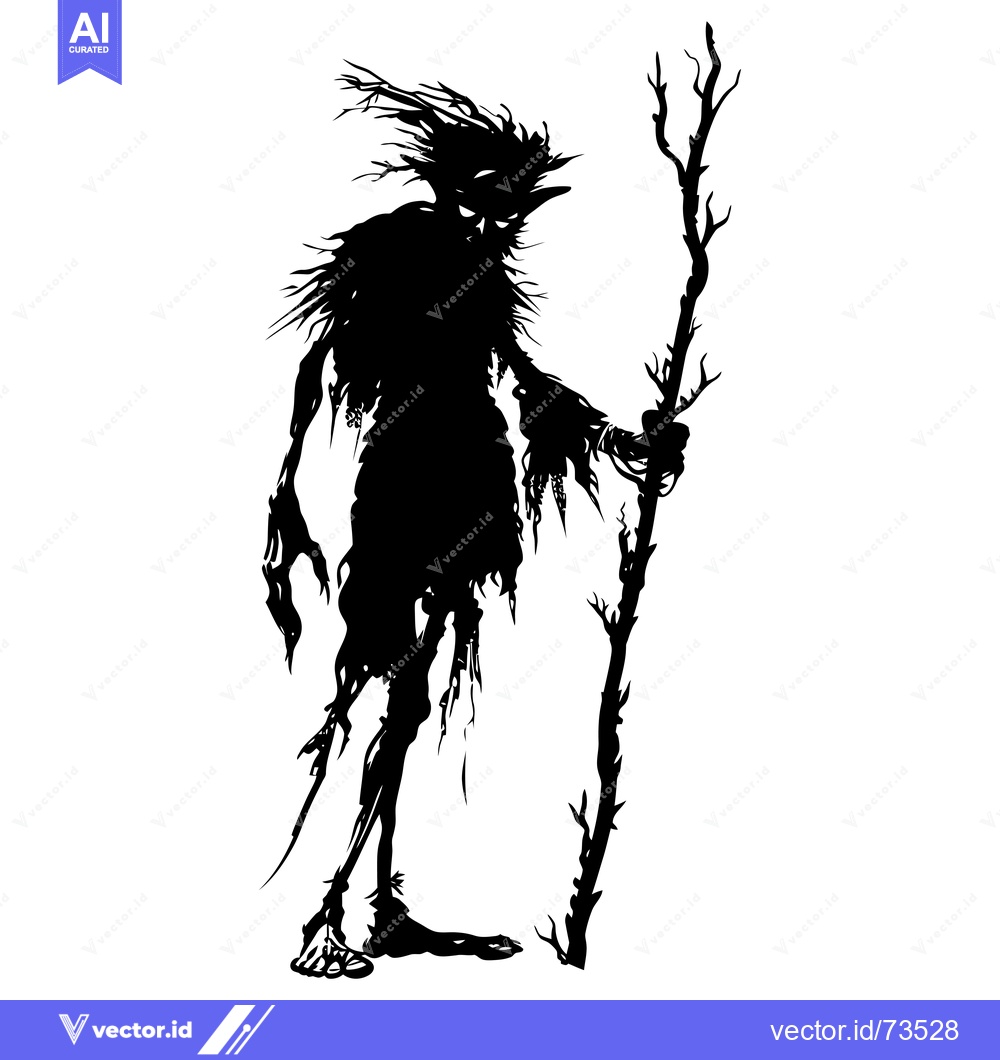 Premium Vector of Silhouette of a Gnarled Figure with a Staff