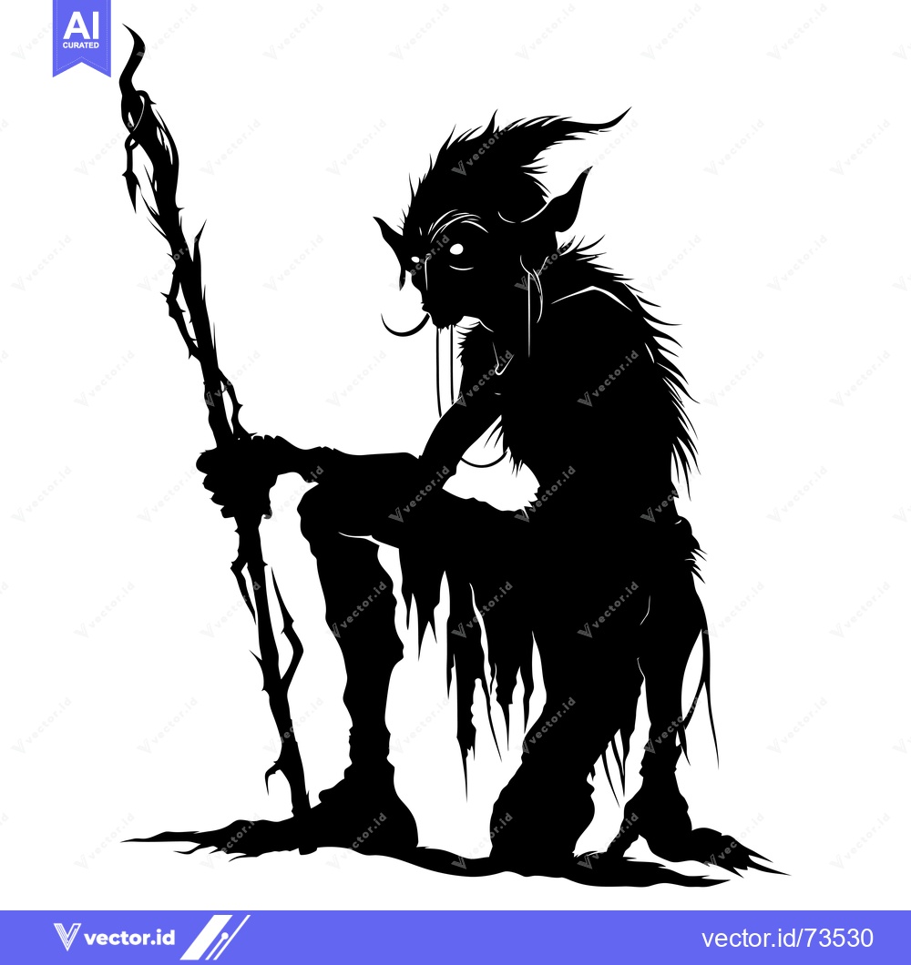 Premium Vector dari Black and White Silhouette of a Goblin-like Creature Holding a Staff