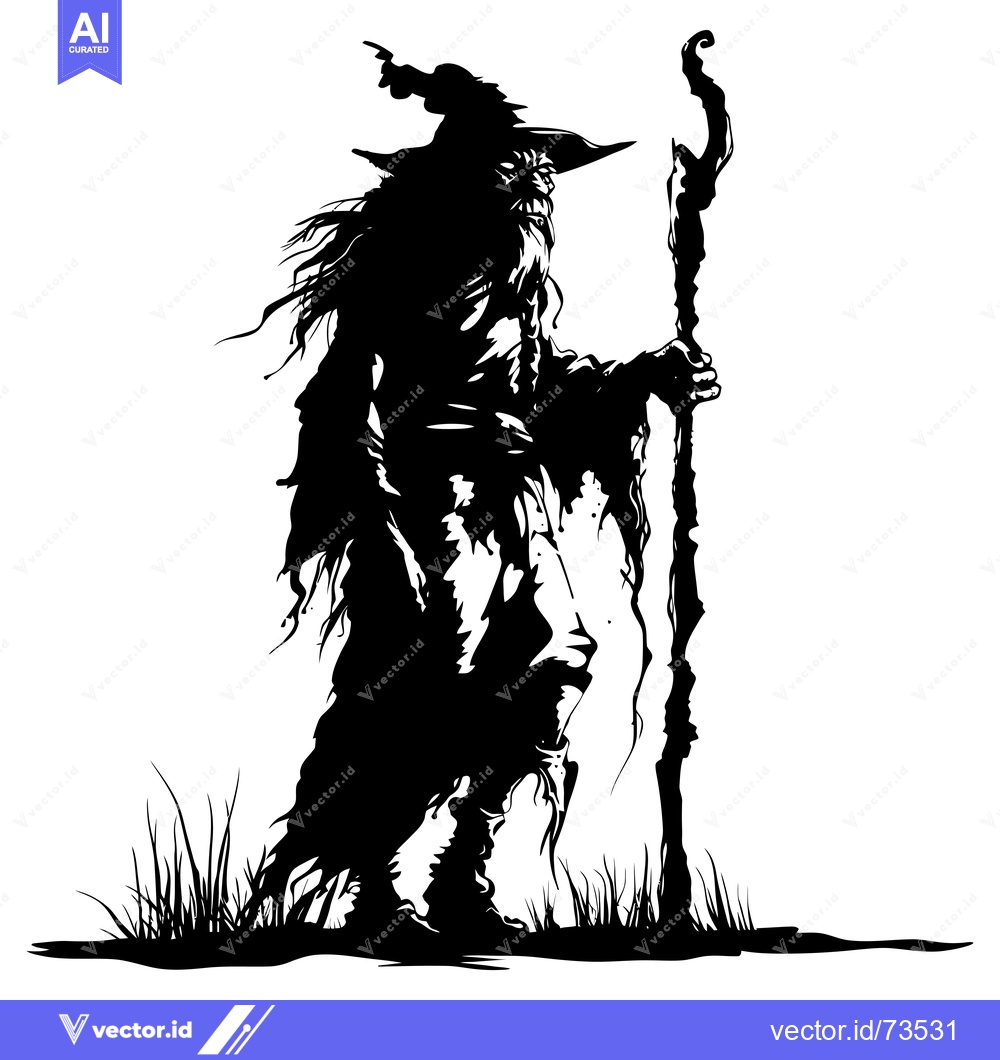 Premium Vector of Silhouette of a Witch Holding a Staff in a Grassy Area
