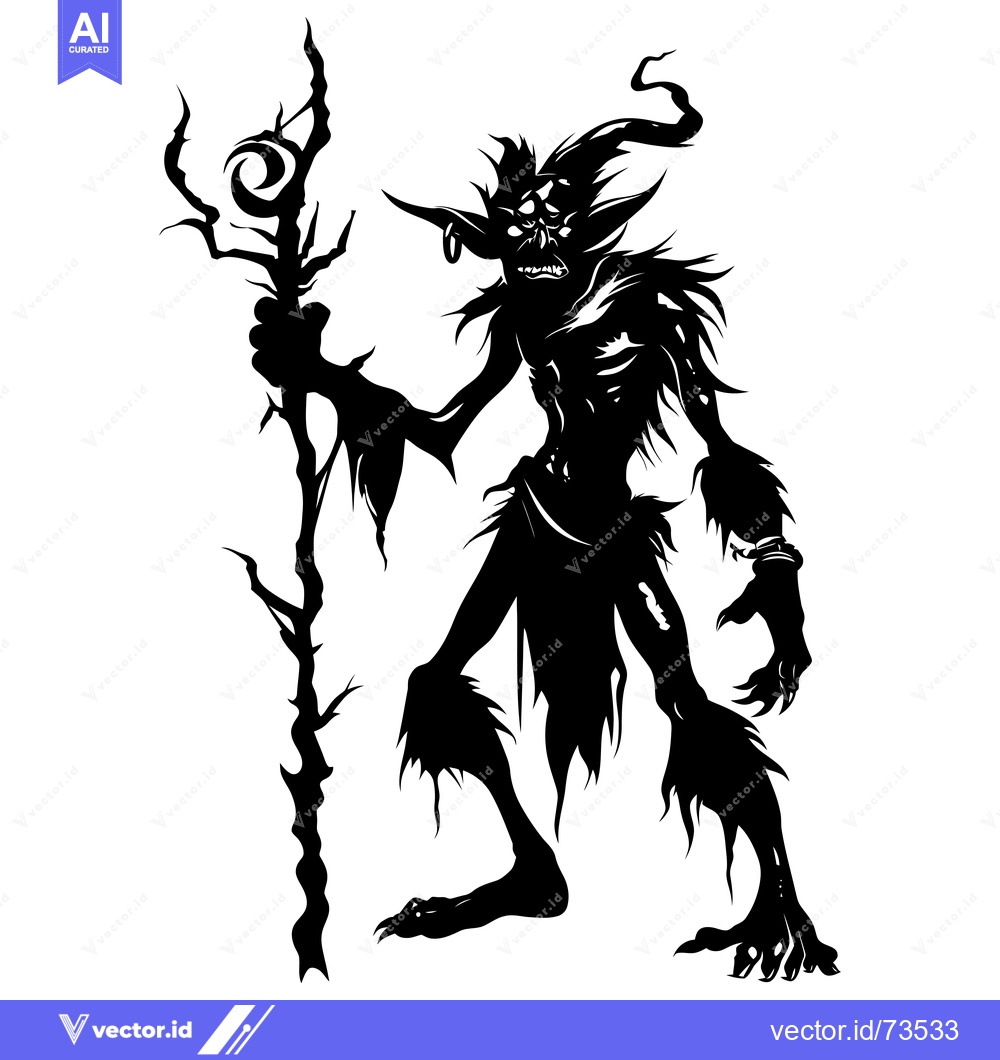 Premium Vector dari A Black and White Silhouette of a Goblin-Like Creature Holding a Staff