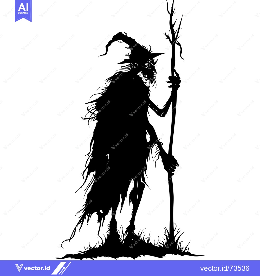 Premium Vector of Silhouette of a Witch with a Tall Staff Standing in the Woods