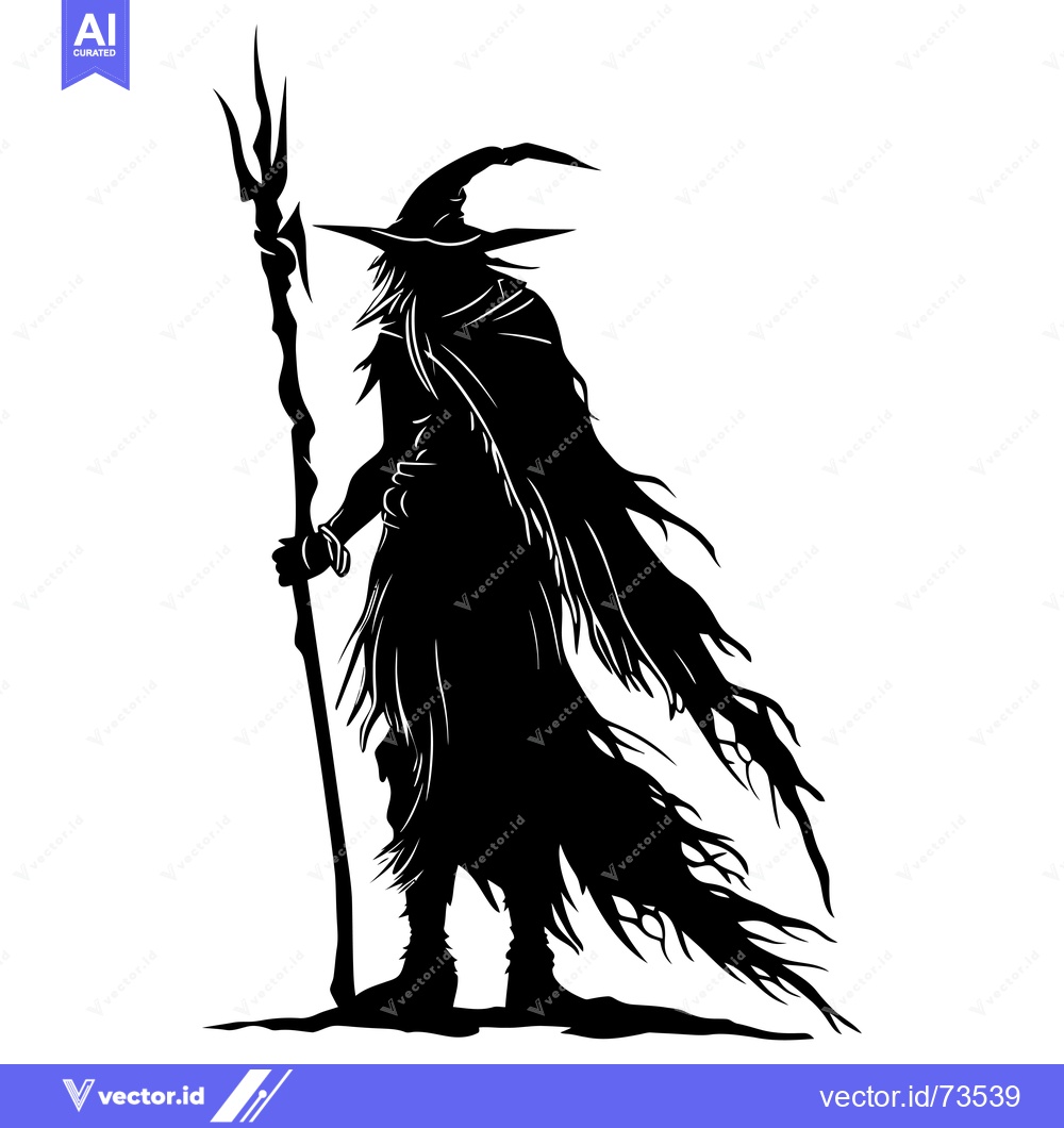 Premium Vector dari Silhouetted wizard holding a staff with a three-pronged tip