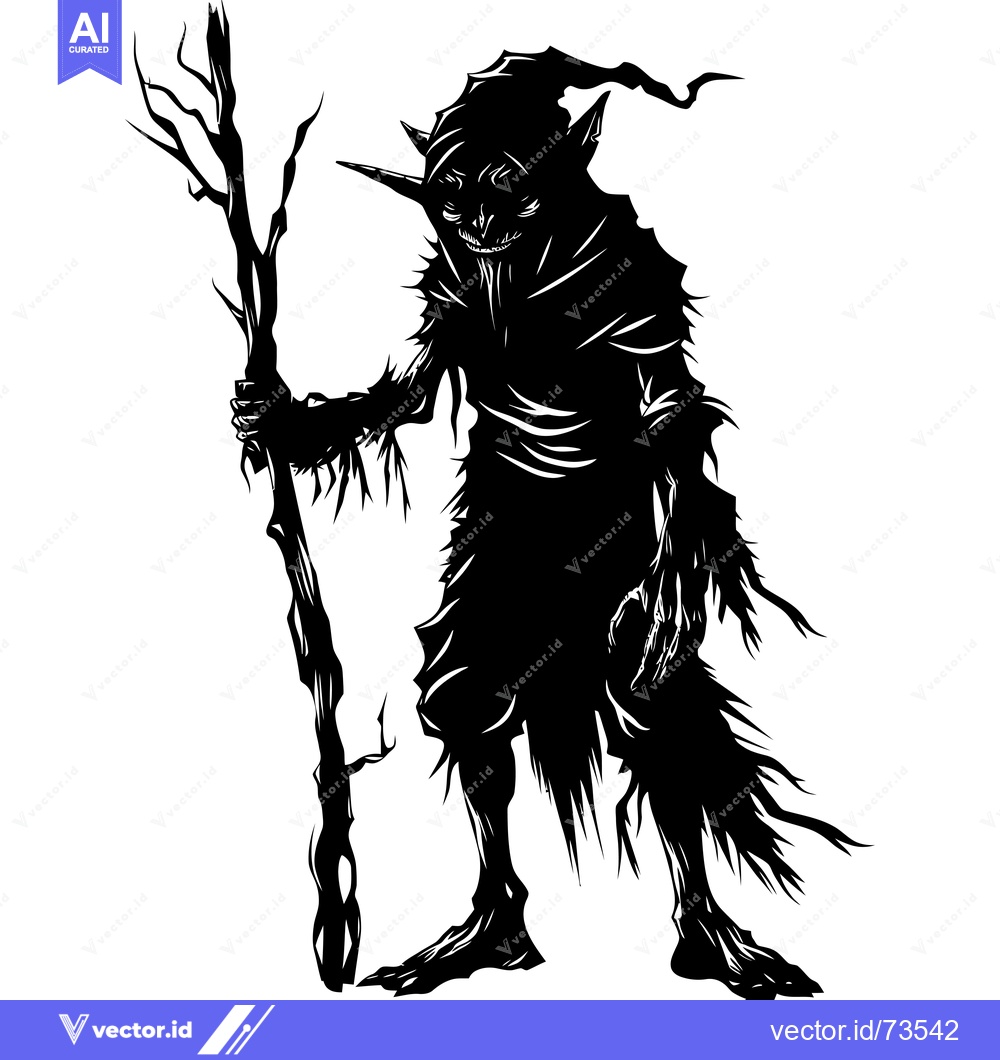 Premium Vector of Silhouette of a Dark and Grotesque Goblin-like Creature Holding a Staf
