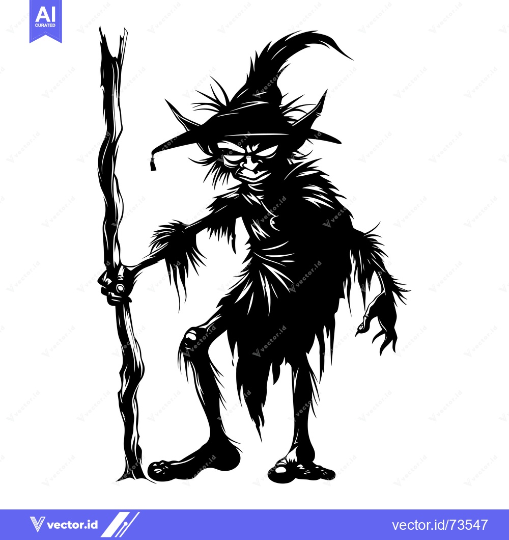 Premium Vector of Black and White Illustration of a Wicked Goblin Holding a Branch