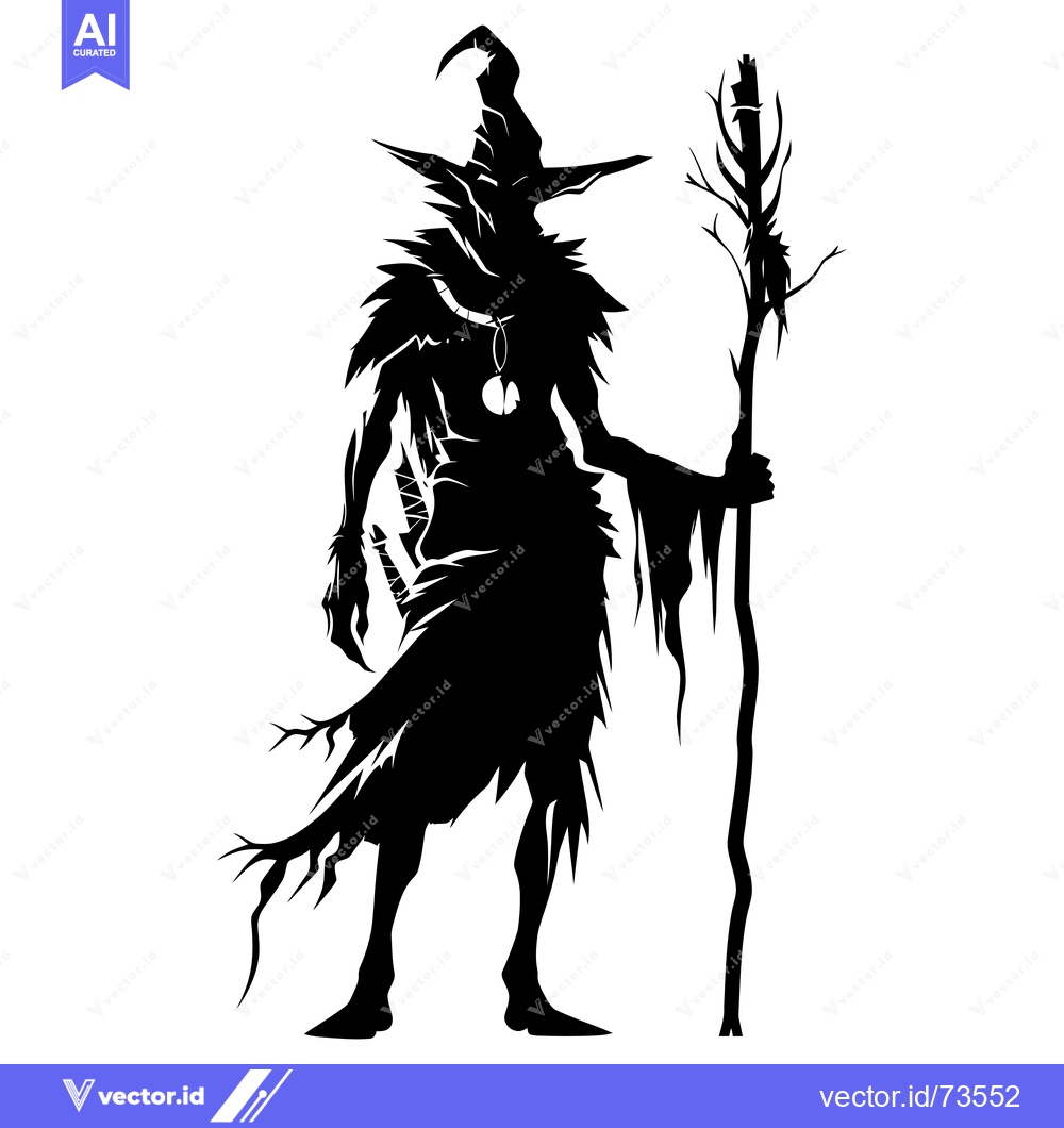Premium Vector dari Silhouette of a Witch Holding a Staff and Wearing a Pointed Hat