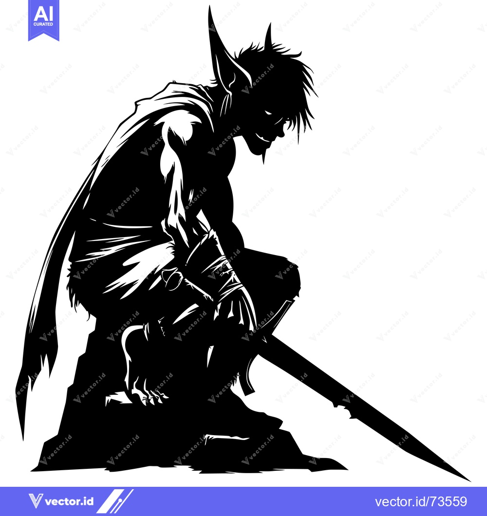 Premium Vector of A Silhouetted Elf Warrior Kneeling with a Sword