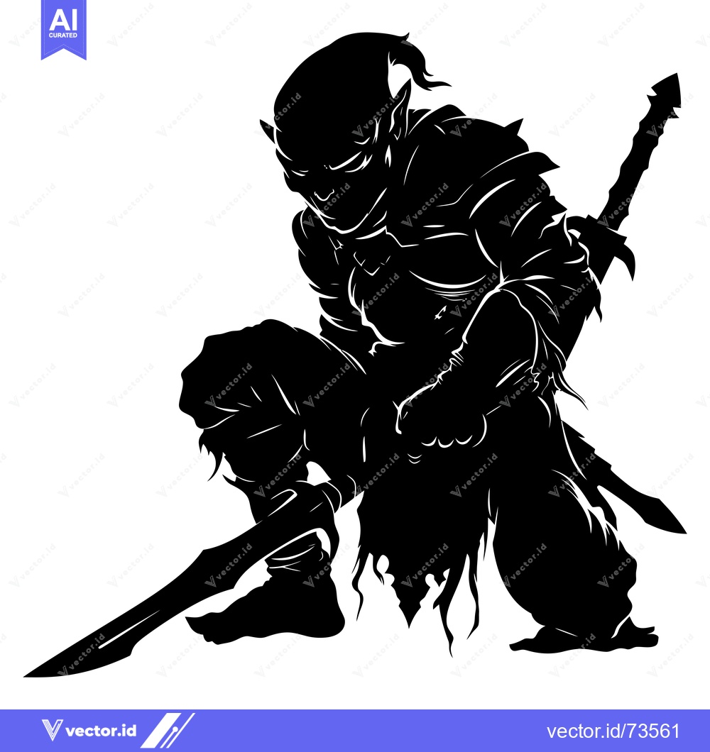Premium Vector of Silhouette of a Kneeling Elf Warrior Holding a Sword