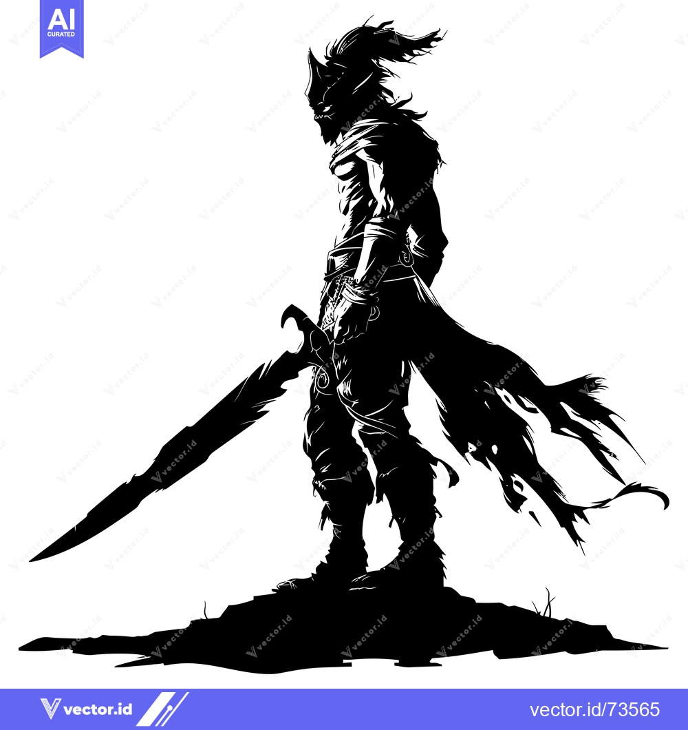 Premium Vector dari Silhouette of a Warrior with a Long Sword Standing on a Rocky Outcropp