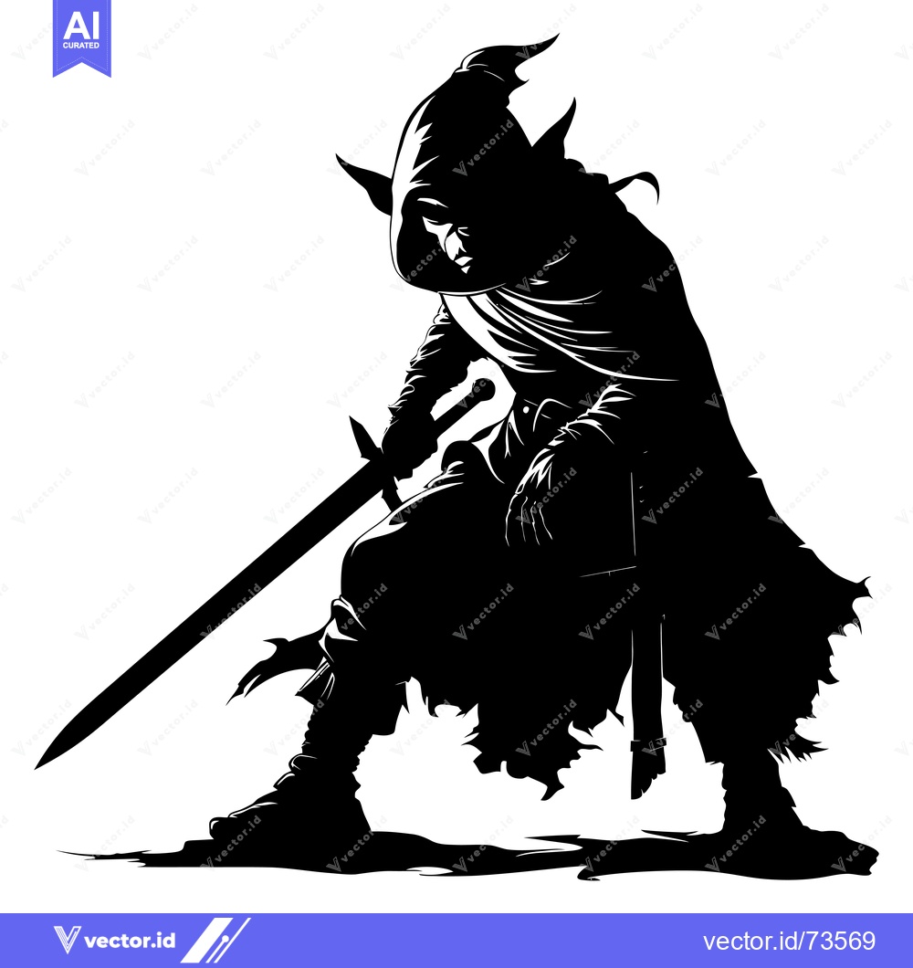 Premium Vector dari Silhouette of a hooded figure with a sword and a pointed hat