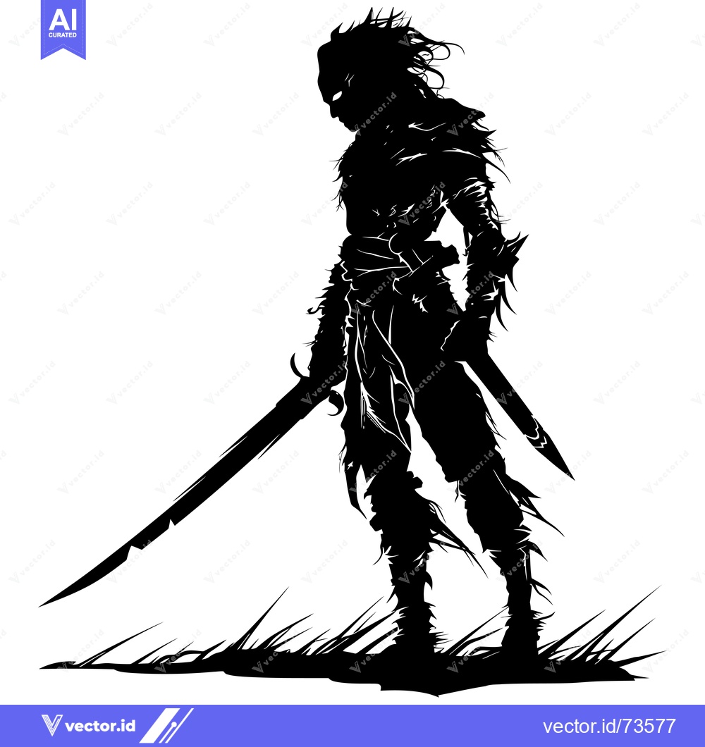 Premium Vector dari A Black and White Silhouette of a Warrior Holding a Sword