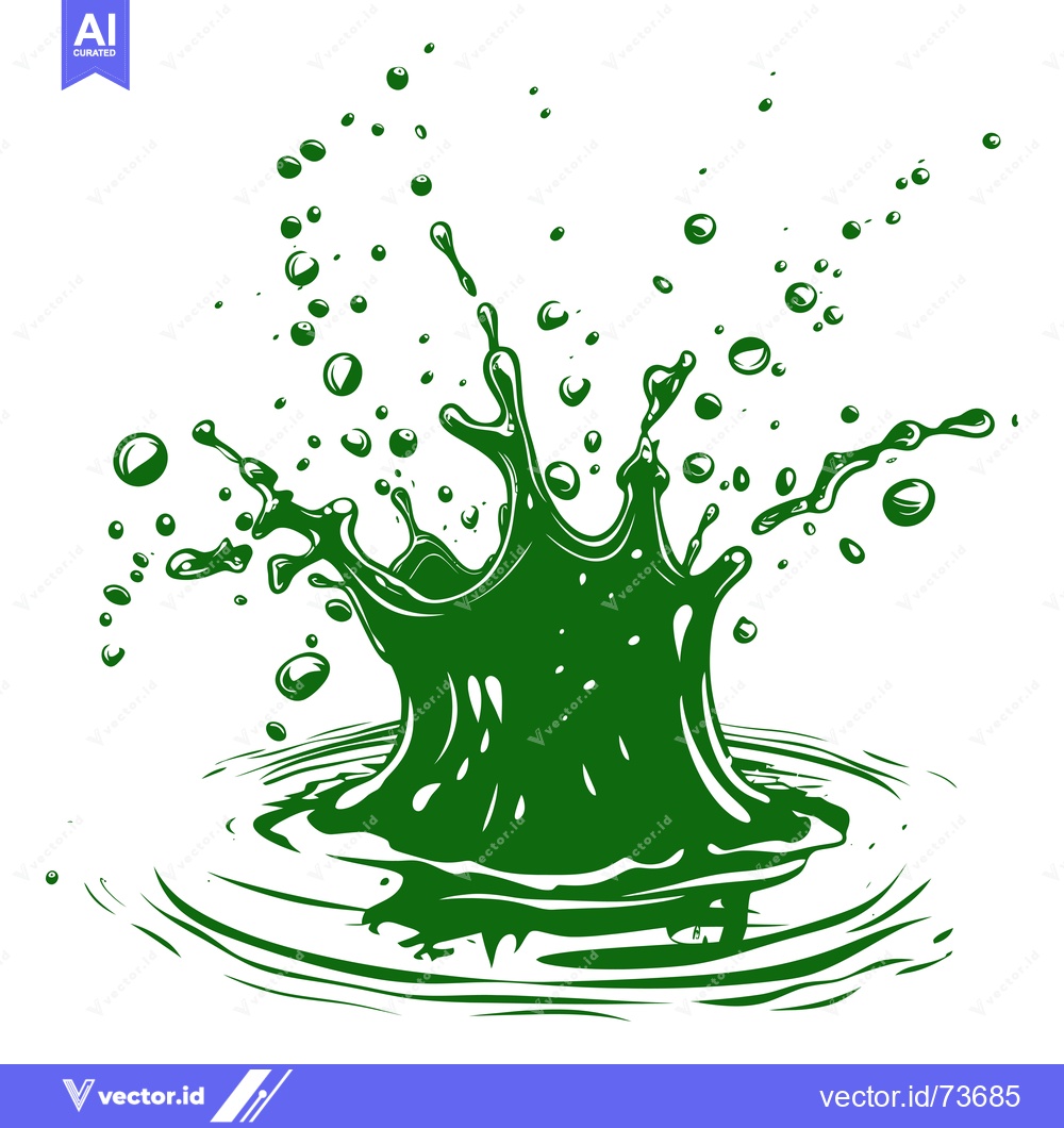 Premium Vector of Vibrant Green Liquid Splash with Droplets and Ripples.
