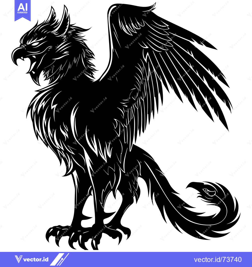 Premium Vector of Black and White Illustration of a Stylized Griffin with Wings Spread