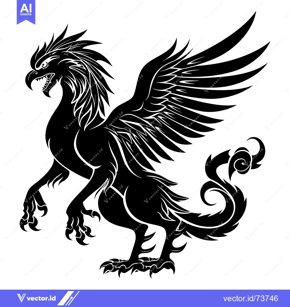 Premium Vector dari Black and White Stylized Illustration of a Griffin with Spread Wings
