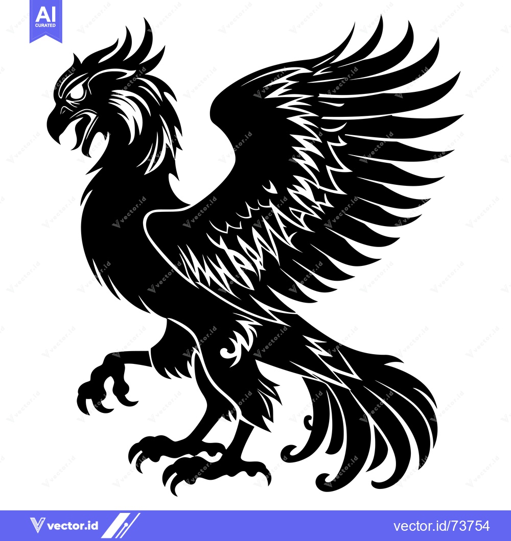 Premium Vector of Black and White Stylized Illustration of a Griffin with Spread Wings