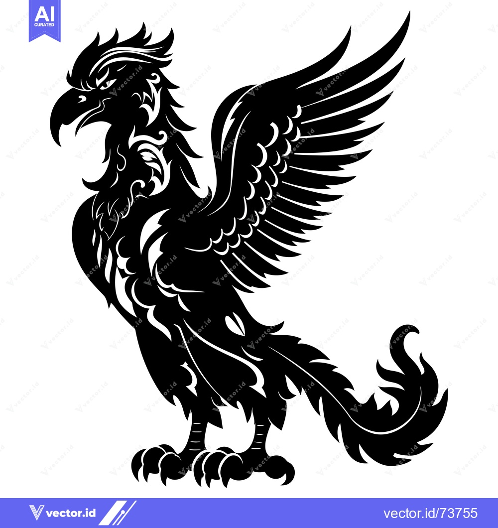 Premium Vector dari Black and White Stylized Illustration of a Mythical Bird with Wings Sp