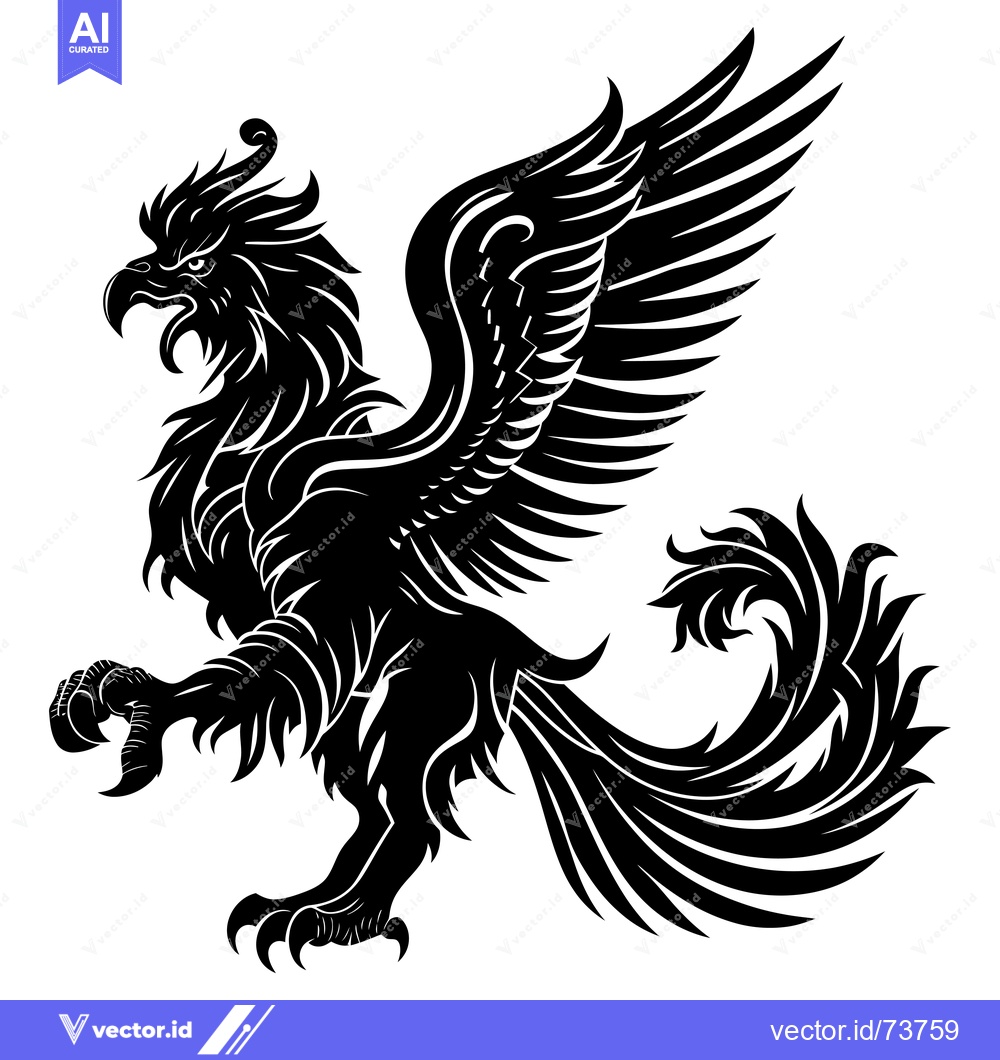 Premium Vector of Black and White Illustration of a Stylized Griffin with Spread Wings