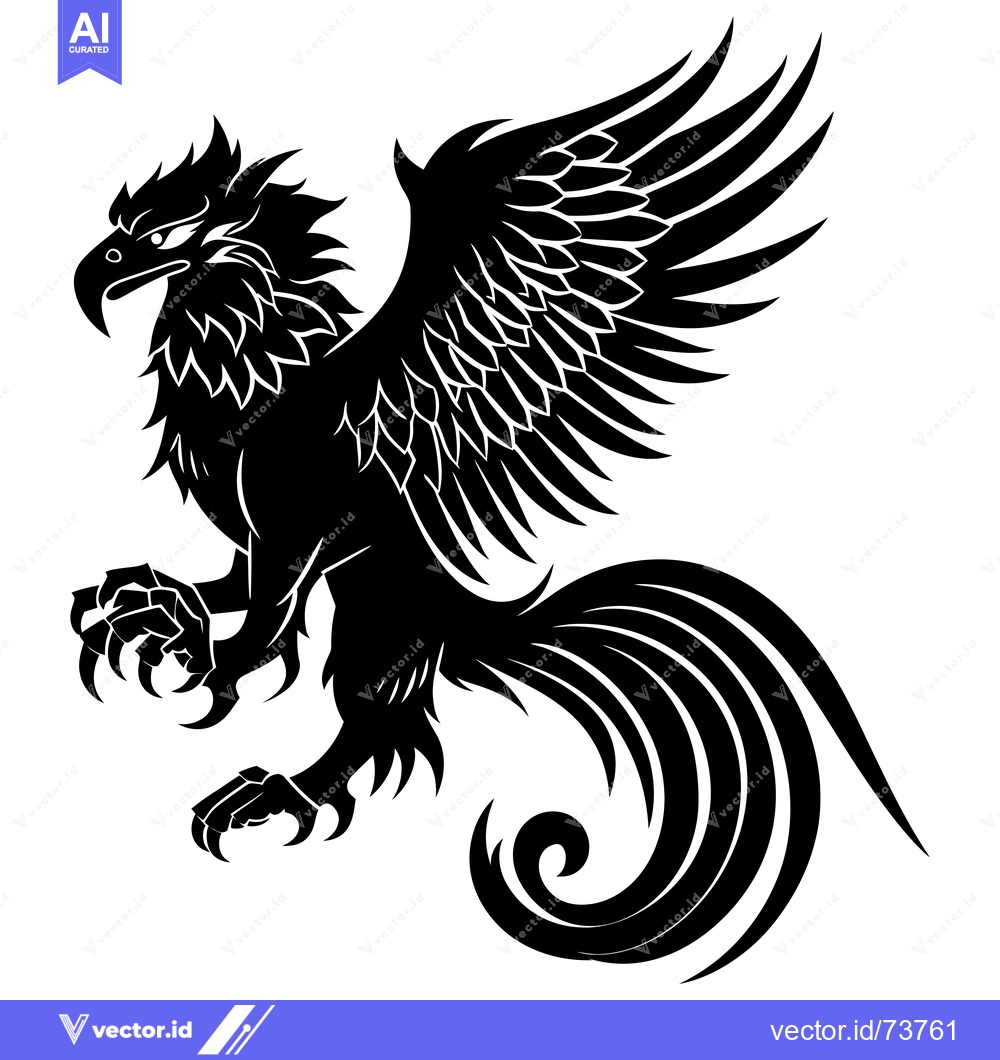 Premium Vector of Black and White Stylized Illustration of a Mythical Griffin with Sprea