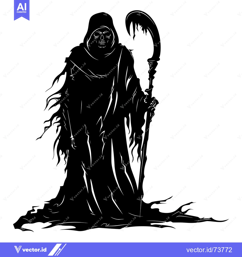 Premium Vector dari Grim Reaper Silhouette with Scythe and Hooded Robe