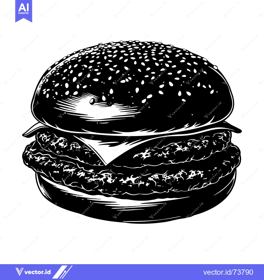Premium Vector dari Black and White Illustration of a Double-Stacked Burger with Sesame Se