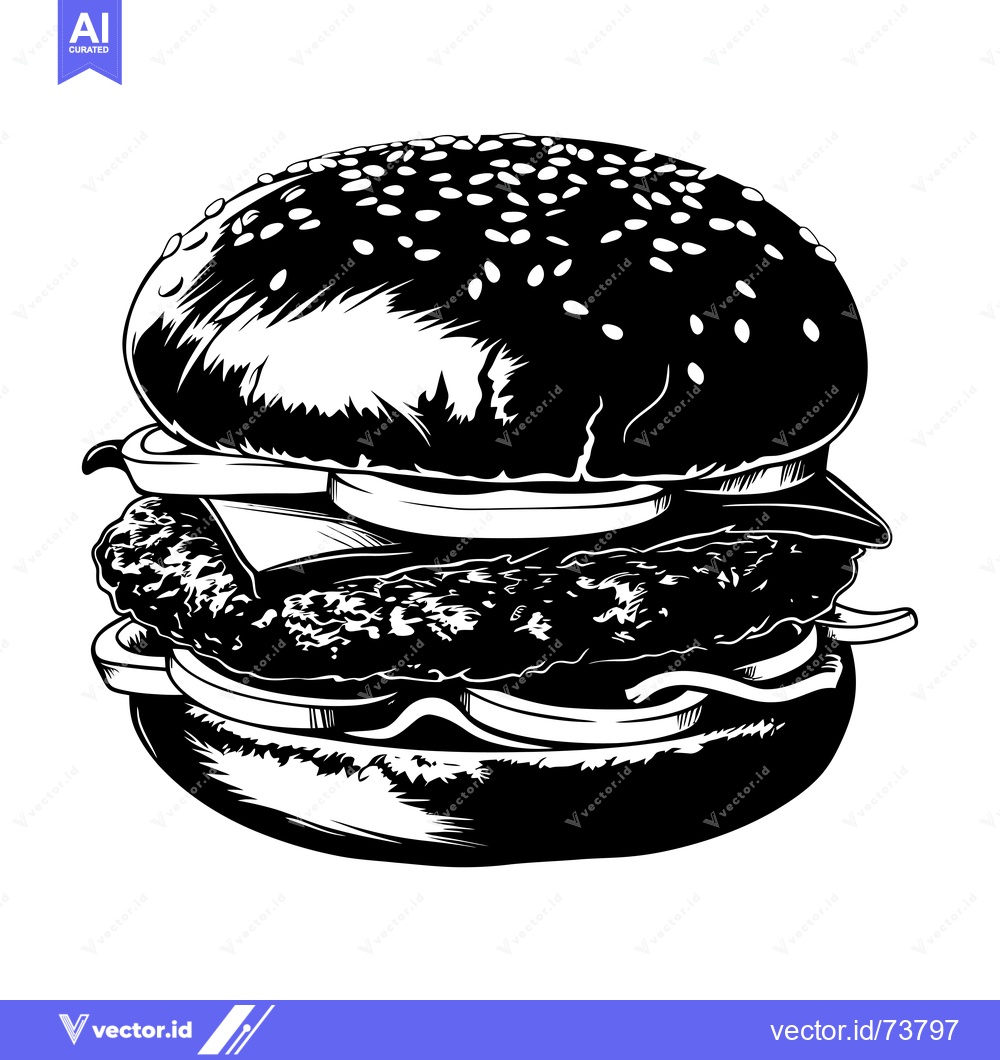 Premium Vector of Black and White Illustration of a Sesame Seed Burger