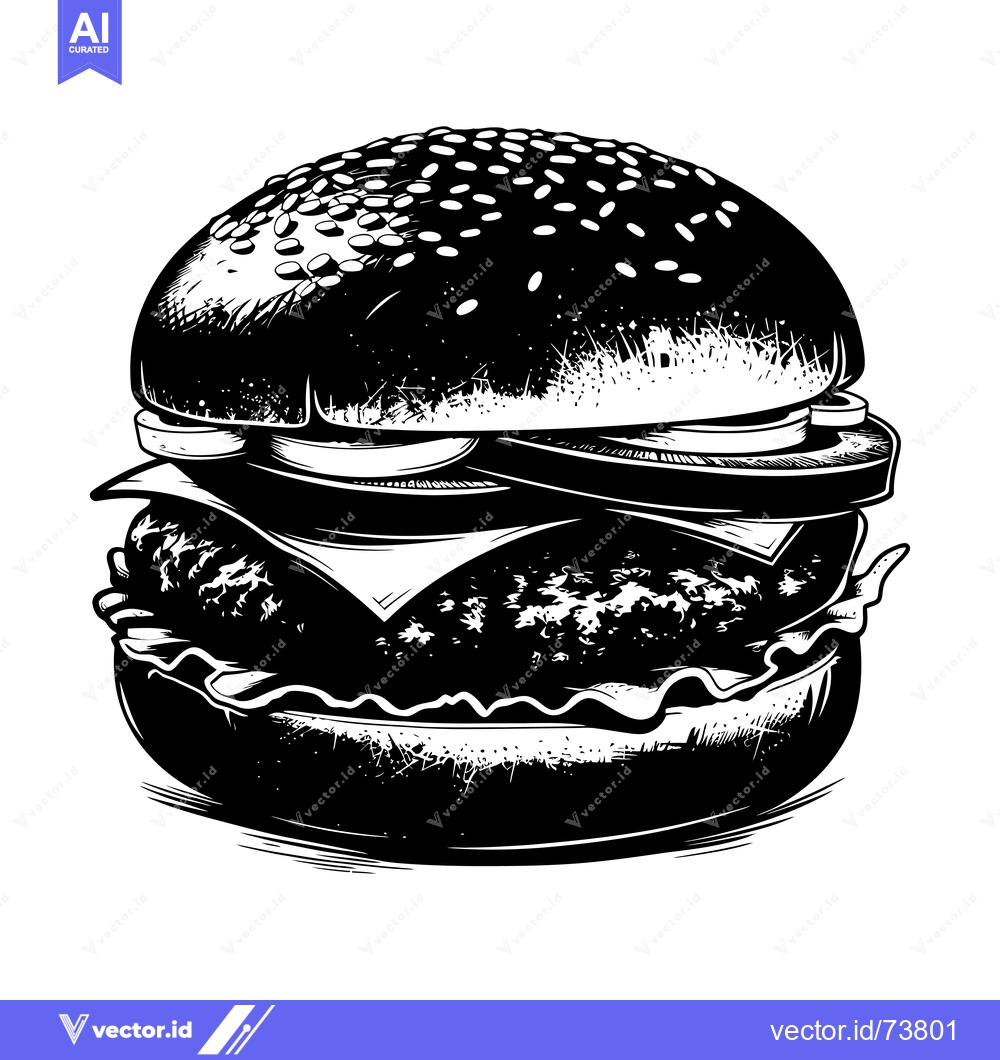 Premium Vector of Black and White Illustration of a Hamburger with Sesame Seed Bun