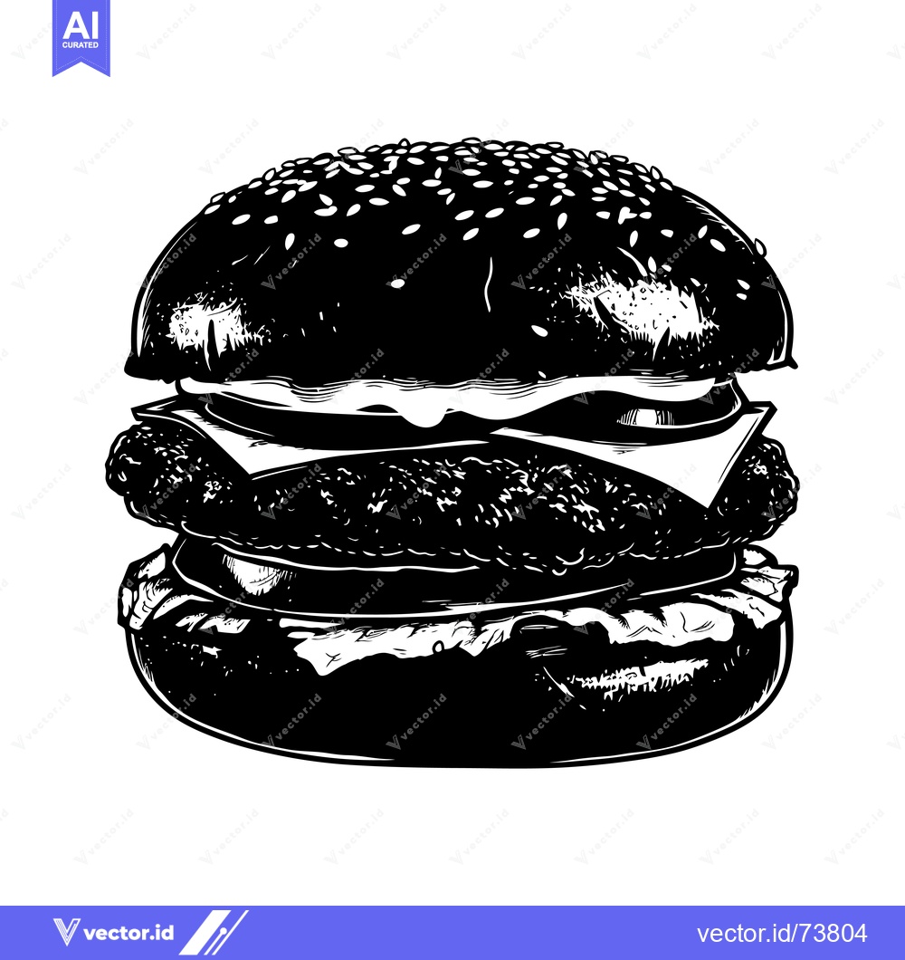 Premium Vector of Black and White Illustration of a Burger with Sesame Seed Bun