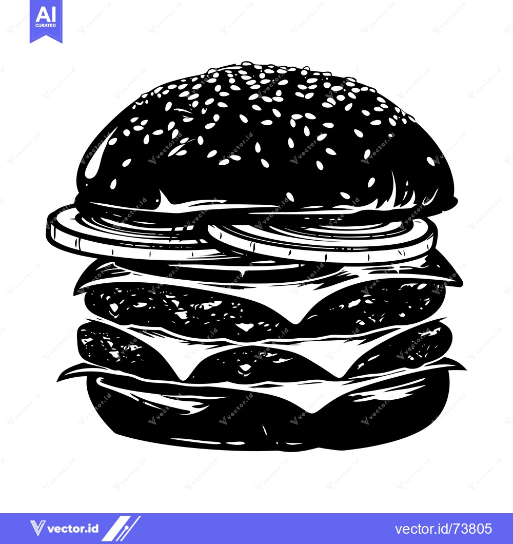 Premium Vector dari Black and White Illustration of a Double-Stacked Cheeseburger with Oni