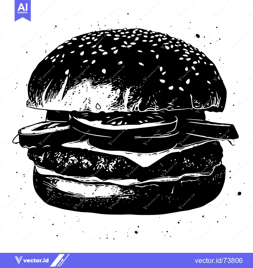 Premium Vector of Black and White Illustration of a Juicy Hamburger