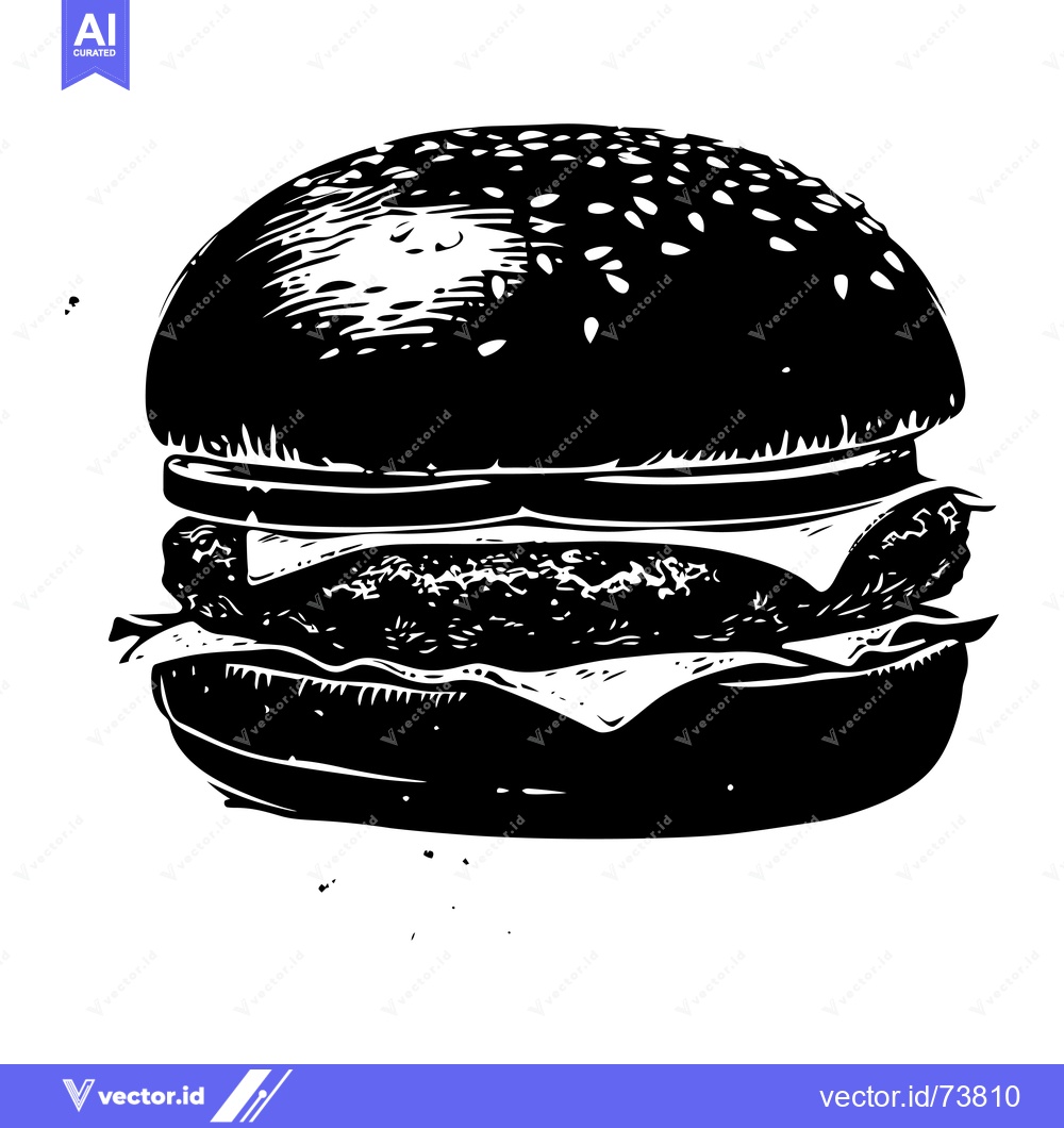 Premium Vector of Black and White Illustration of a Burger with Sesame Seed Bun