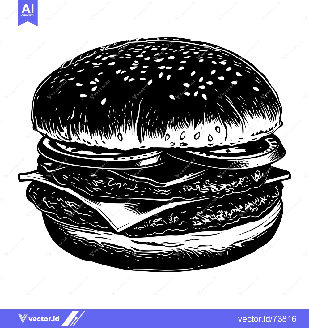 Premium Vector of Black and White Illustration of a Cheeseburger with Sesame Seed Bun
