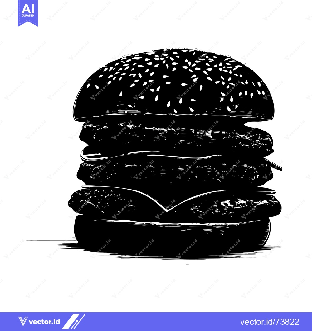 Premium Vector of A Black and White Illustration of a Triple-Stacked Hamburger with Sesa