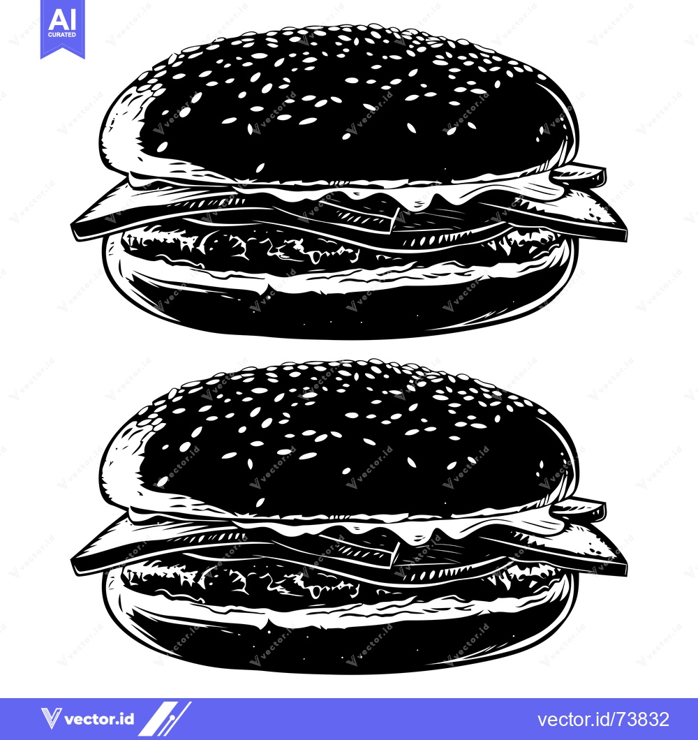 Premium Vector dari Two Black and White Illustrated Hamburgers with Sesame Seed Buns